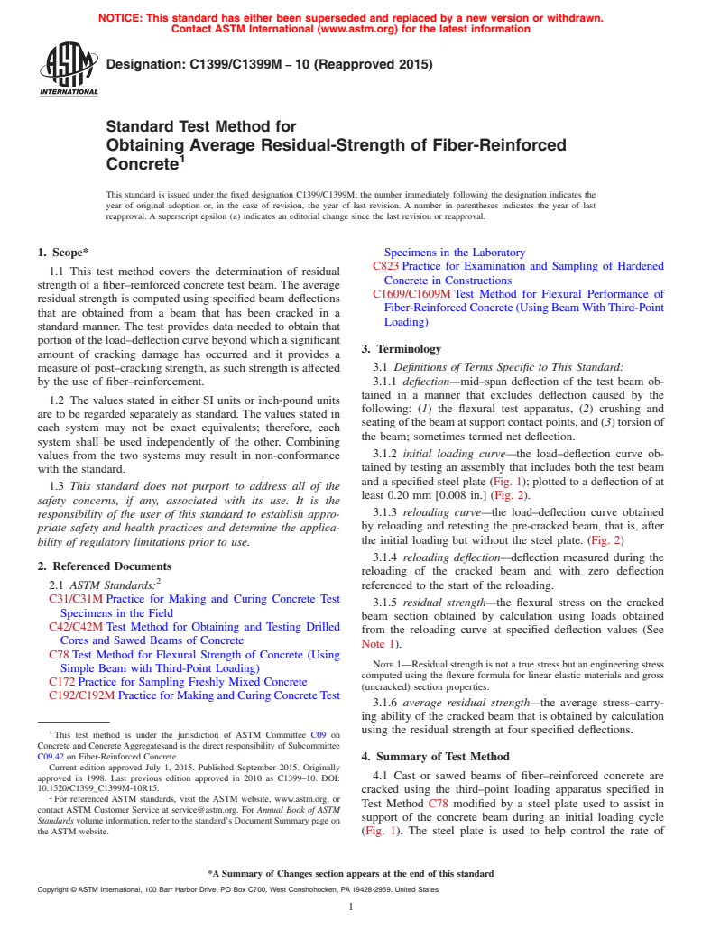 ASTM C1399/C1399M-10(2015) - Standard Test Method for  Obtaining Average Residual-Strength of Fiber-Reinforced Concrete (Withdrawn 2024)