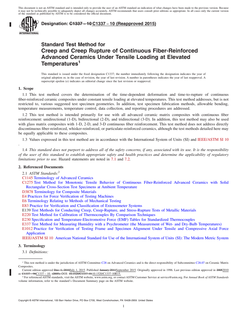 REDLINE ASTM C1337-10(2015) - Standard Test Method for  Creep and Creep Rupture of Continuous Fiber-Reinforced Advanced   Ceramics Under Tensile Loading at Elevated Temperatures