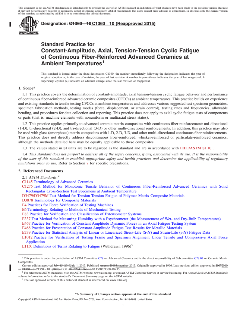 REDLINE ASTM C1360-10(2015) - Standard Practice for Constant-Amplitude, Axial, Tension-Tension Cyclic Fatigue of   Continuous Fiber-Reinforced Advanced Ceramics at Ambient Temperatures