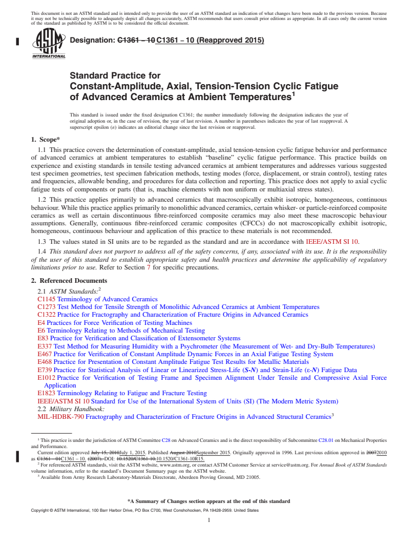 REDLINE ASTM C1361-10(2015) - Standard Practice for Constant-Amplitude, Axial, Tension-Tension Cyclic Fatigue of   Advanced Ceramics at Ambient Temperatures