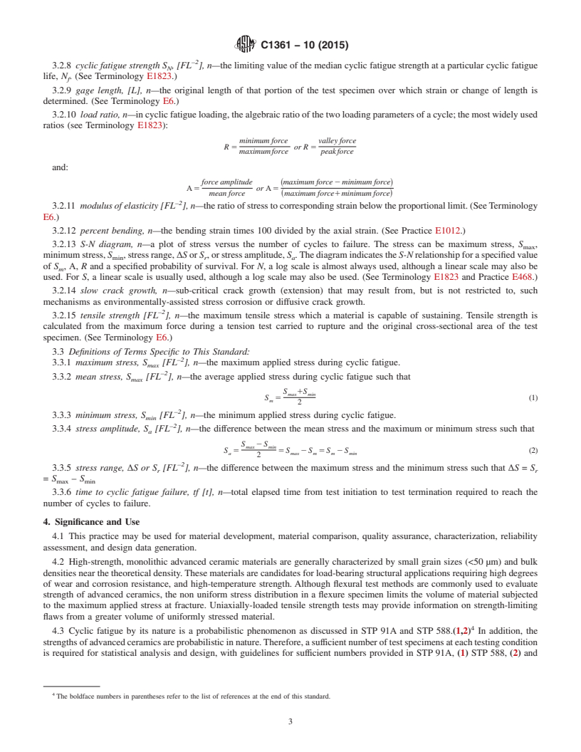 REDLINE ASTM C1361-10(2015) - Standard Practice for Constant-Amplitude, Axial, Tension-Tension Cyclic Fatigue of   Advanced Ceramics at Ambient Temperatures