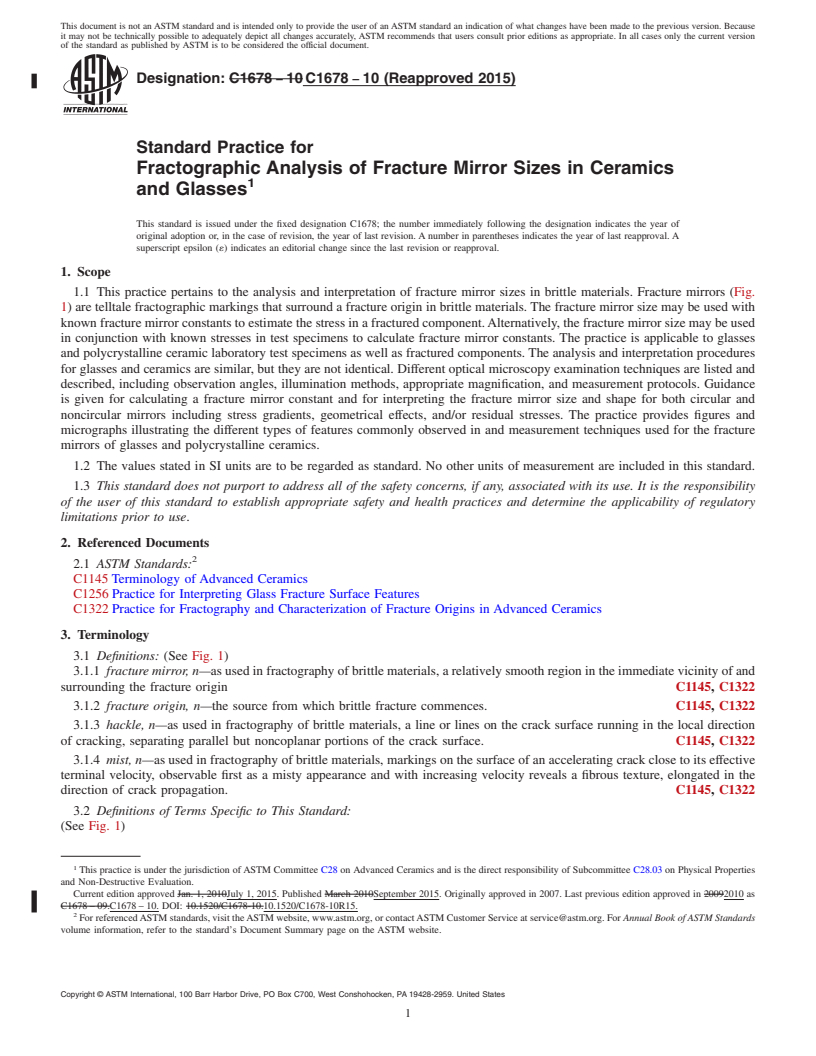 REDLINE ASTM C1678-10(2015) - Standard Practice for Fractographic Analysis of Fracture Mirror Sizes in Ceramics   and Glasses