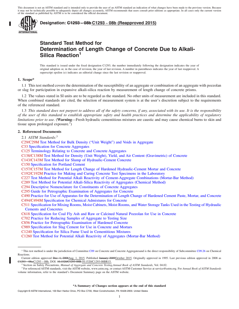 REDLINE ASTM C1293-08b(2015) - Standard Test Method for  Determination of Length Change of Concrete Due to Alkali-Silica  Reaction