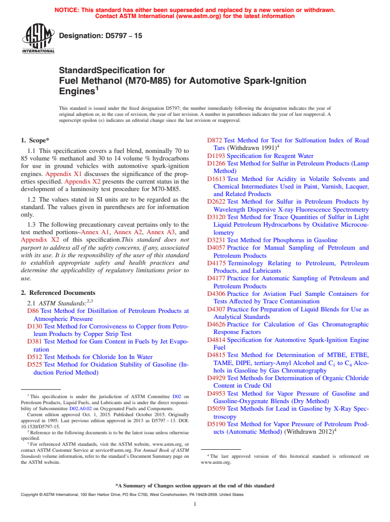 ASTM D5797-15 - Standard Specification for  Fuel Methanol (M70-M85) for Automotive Spark-Ignition Engines