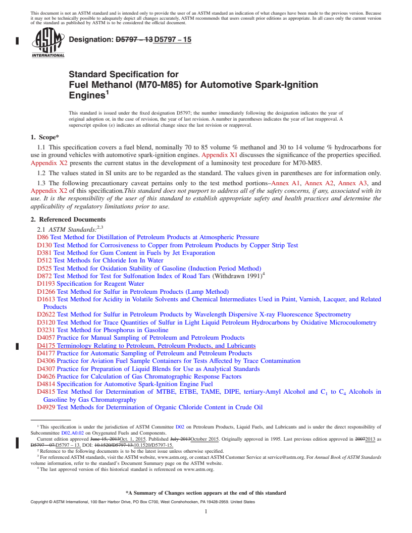 REDLINE ASTM D5797-15 - Standard Specification for  Fuel Methanol (M70-M85) for Automotive Spark-Ignition Engines