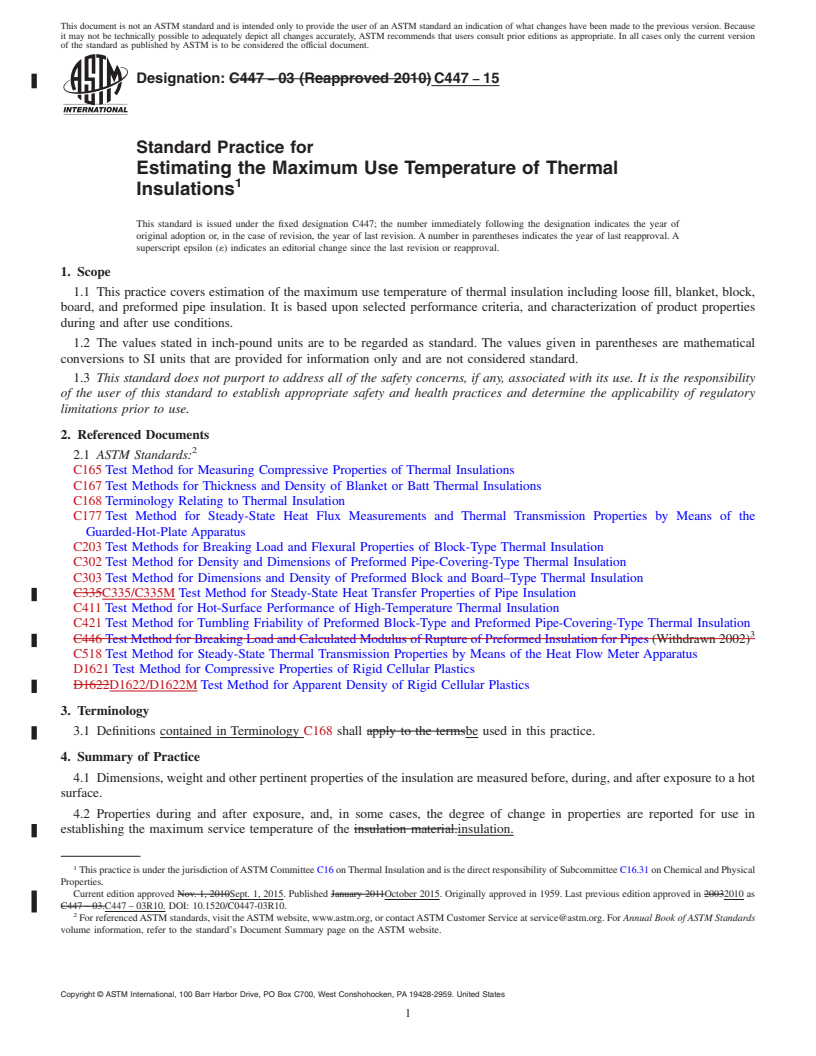 REDLINE ASTM C447-15 - Standard Practice for  Estimating the Maximum Use Temperature of Thermal Insulations