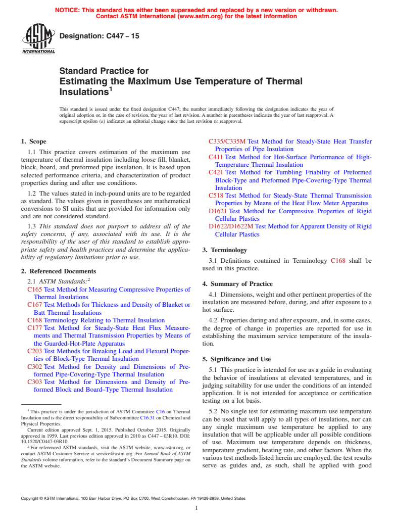 ASTM C447-15 - Standard Practice for  Estimating the Maximum Use Temperature of Thermal Insulations