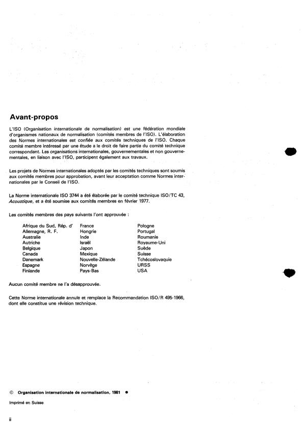 ISO 3744:1981 ISO 3744:1981 - Acoustique -- Détermination des niveaux de puissance acoustique émis par les sources de bruit -- Méthodes d'expertise pour les conditions de champ libre au-dessus d'un plan réfléchissant - Page 2 preview