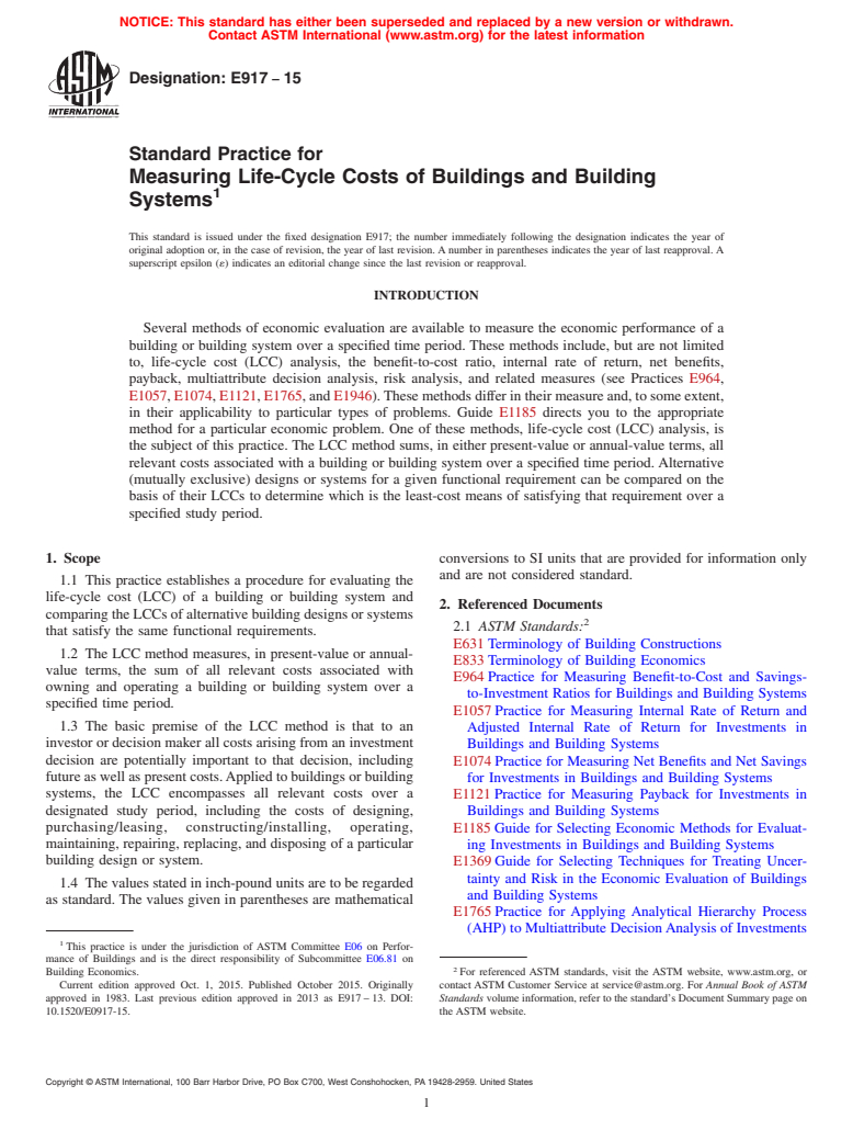 ASTM E917-15 - Standard Practice for Measuring Life-Cycle Costs of Buildings and Building Systems
