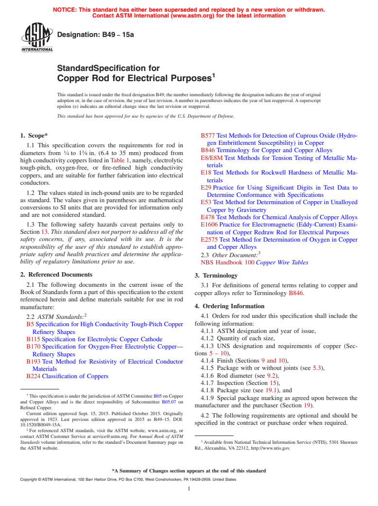 ASTM B49-15a - Standard Specification for Copper Rod for Electrical Purposes