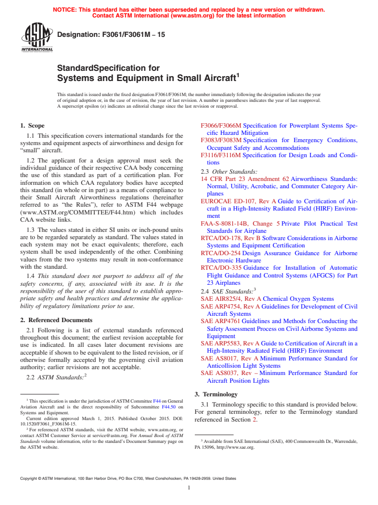 ASTM F3061/F3061M-15 - Standard Specification for Systems and Equipment in Small Aircraft