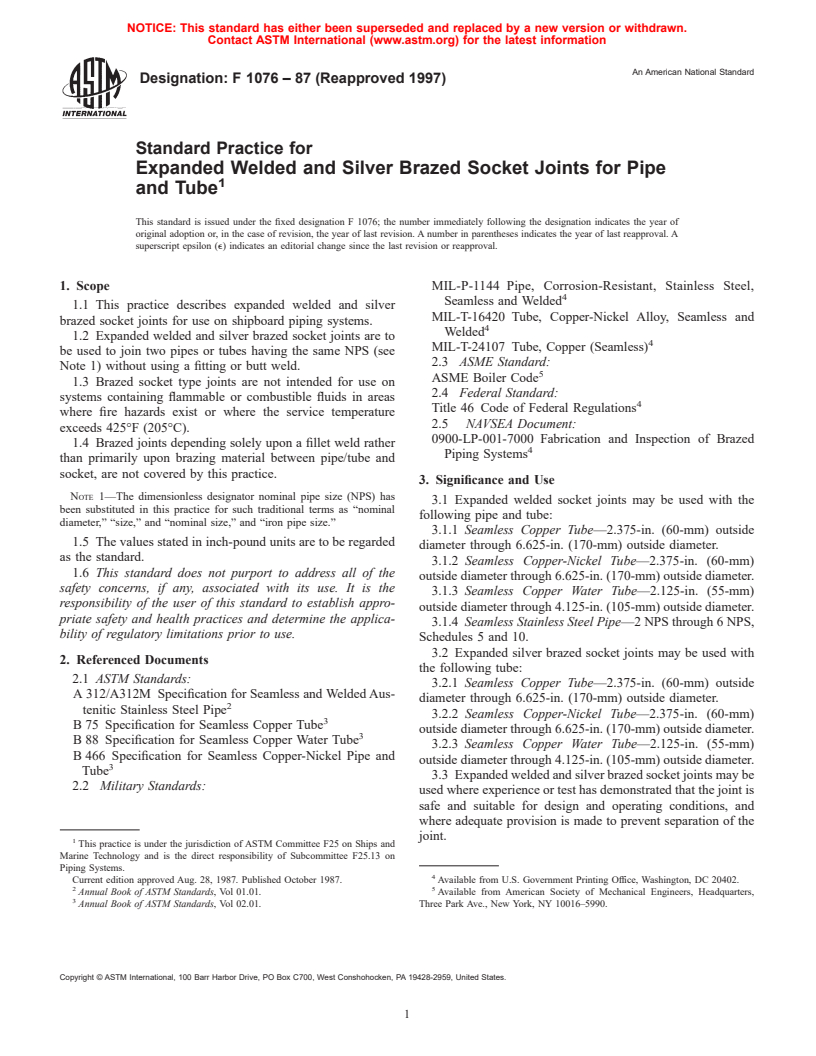 ASTM F1076-87(1997) - Standard Practice for Expanded Welded and Silver Brazed Socket Joints for Pipe and Tube