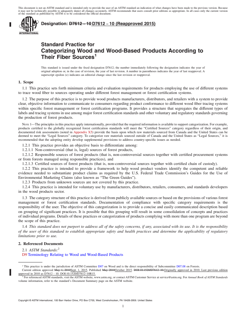 REDLINE ASTM D7612-10(2015) - Standard Practice for  Categorizing Wood and Wood-Based Products According to Their   Fiber Sources