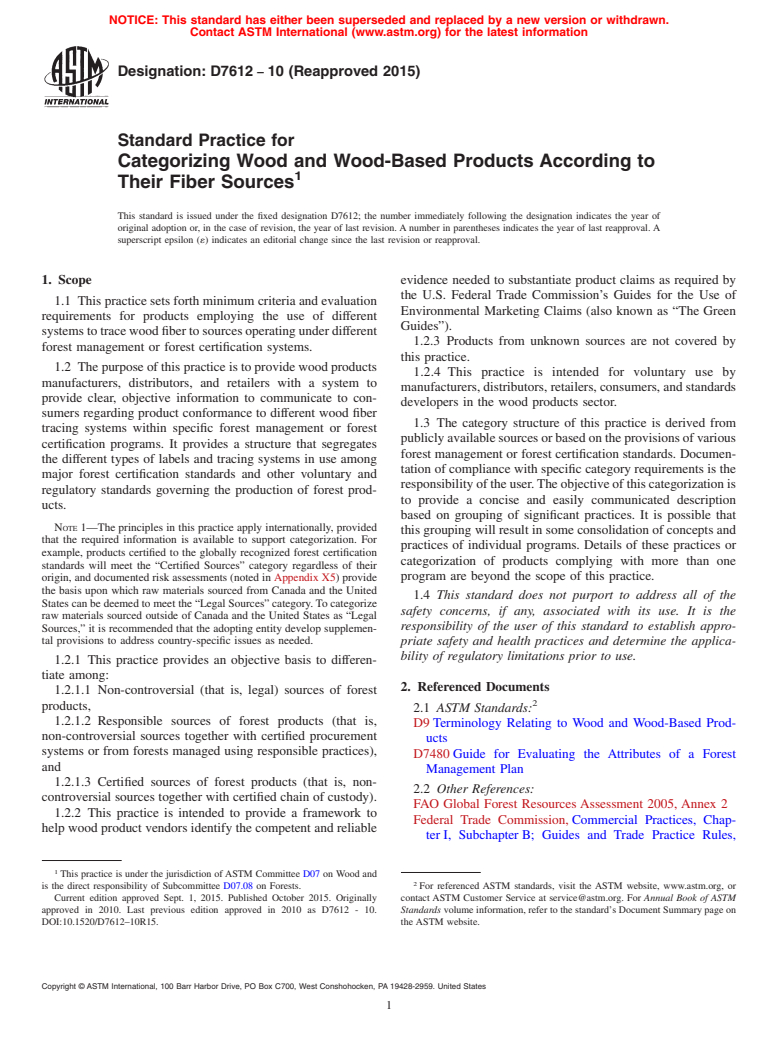 ASTM D7612-10(2015) - Standard Practice for  Categorizing Wood and Wood-Based Products According to Their   Fiber Sources