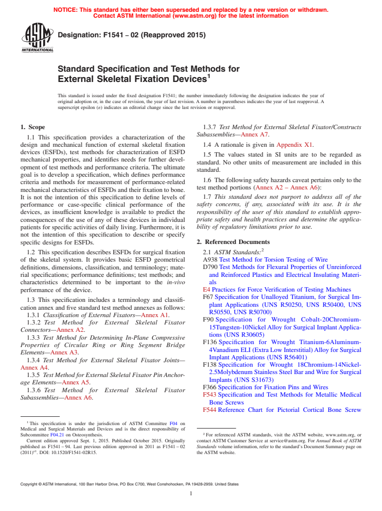 ASTM F1541-02(2015) - Standard Specification and Test Methods for  External Skeletal Fixation Devices