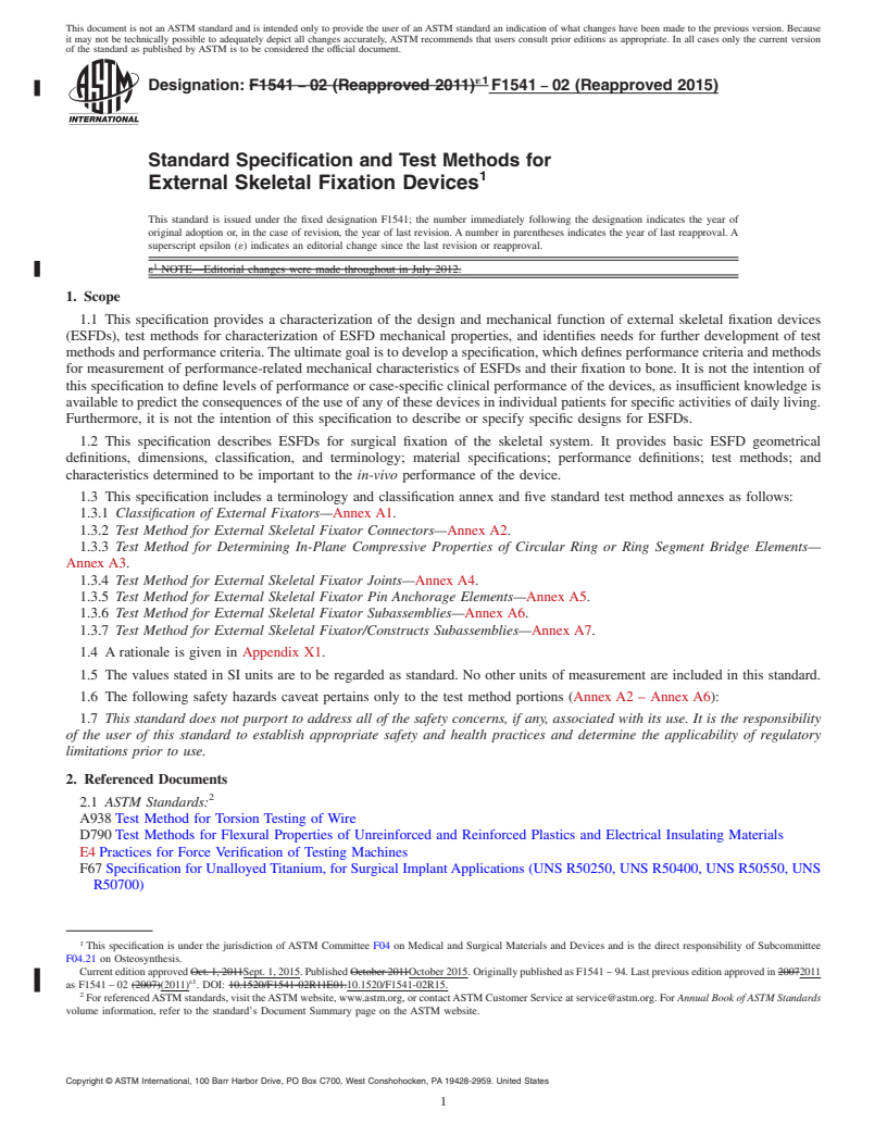 REDLINE ASTM F1541-02(2015) - Standard Specification and Test Methods for  External Skeletal Fixation Devices