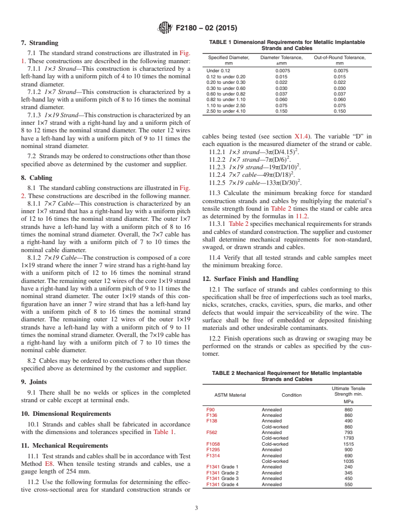 ASTM F2180-02(2015) - Standard Specification for  Metallic Implantable Strands and Cables