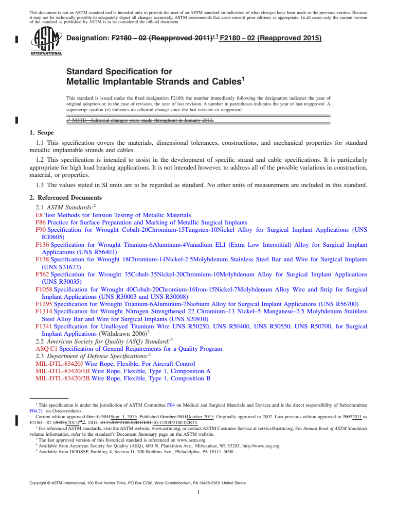 REDLINE ASTM F2180-02(2015) - Standard Specification for  Metallic Implantable Strands and Cables