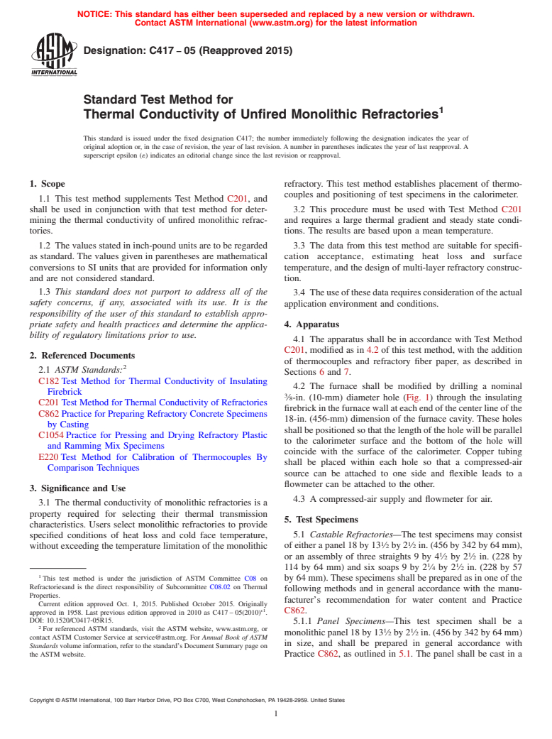 ASTM C417-05(2015) - Standard Test Method for Thermal Conductivity of Unfired Monolithic Refractories