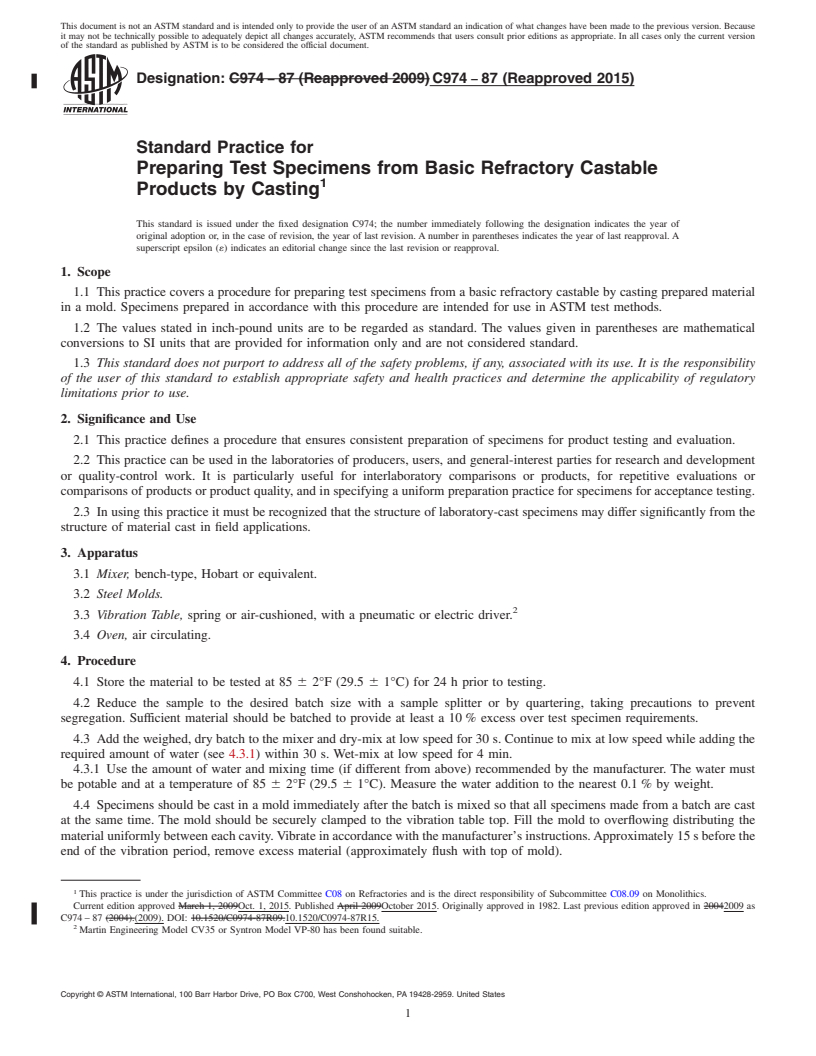 REDLINE ASTM C974-87(2015) - Standard Practice for  Preparing Test Specimens from Basic Refractory Castable Products  by Casting