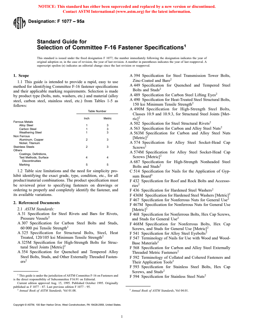 ASTM F1077-95a - Standard Guide for Selection of Committee F-16 Fastener Specifications