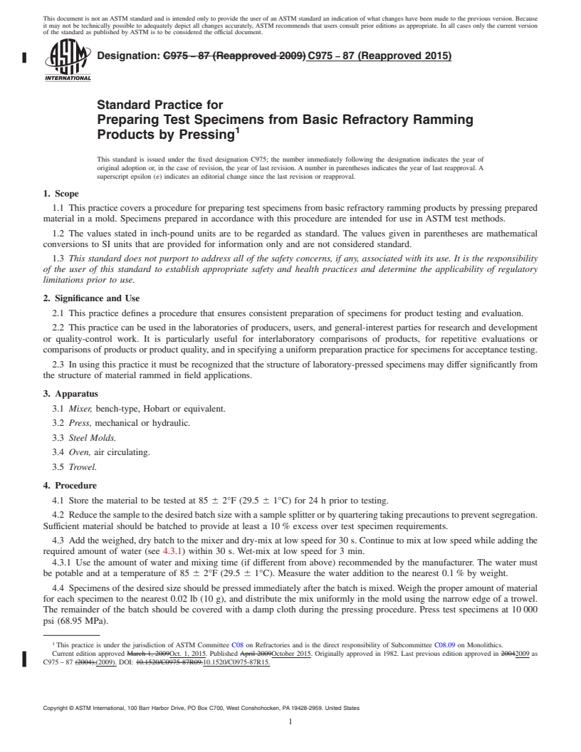 REDLINE ASTM C975-87(2015) - Standard Practice for  Preparing Test Specimens from Basic Refractory Ramming Products  by Pressing