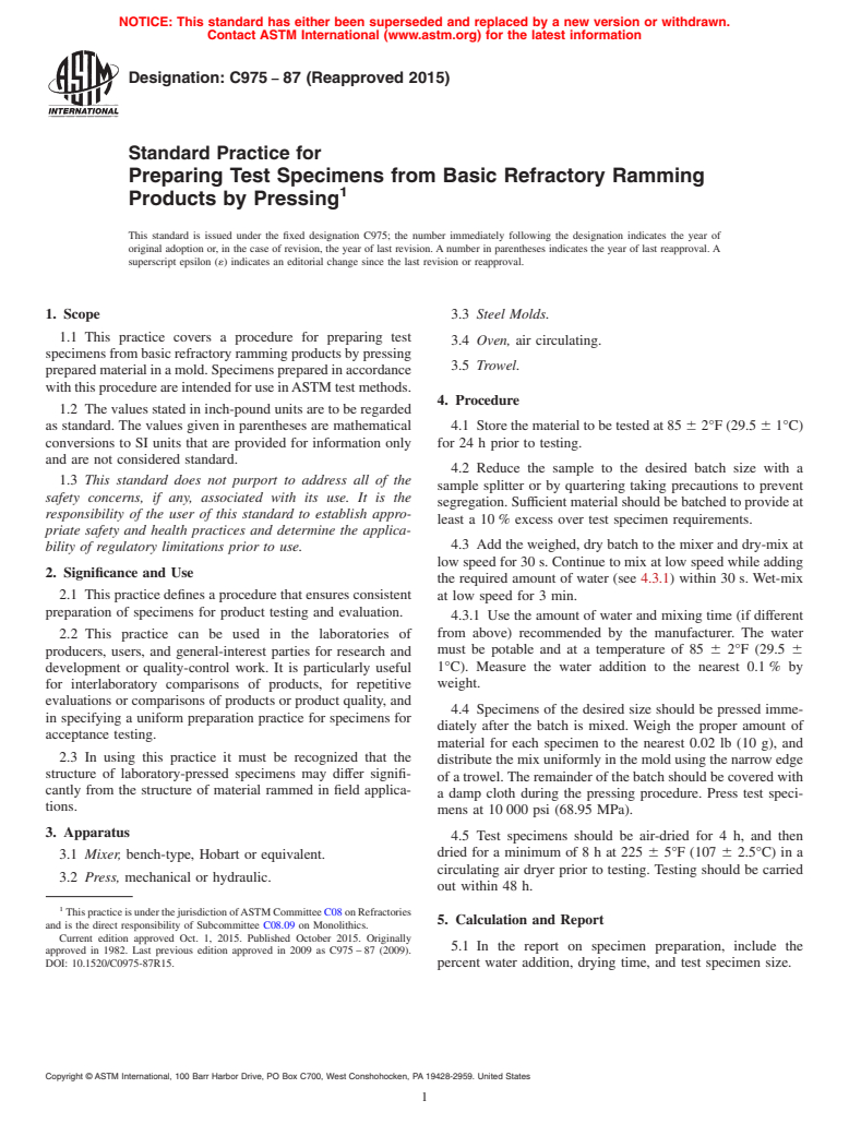 ASTM C975-87(2015) - Standard Practice for  Preparing Test Specimens from Basic Refractory Ramming Products  by Pressing