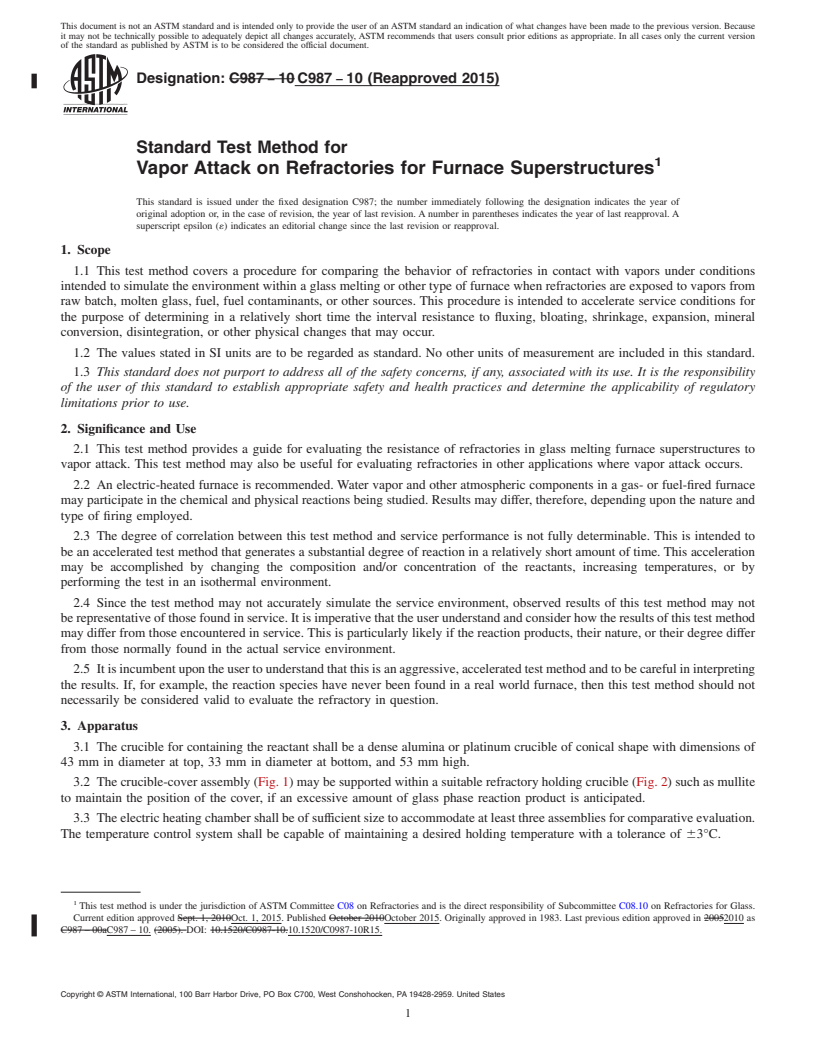 REDLINE ASTM C987-10(2015) - Standard Test Method for  Vapor Attack on Refractories for Furnace Superstructures