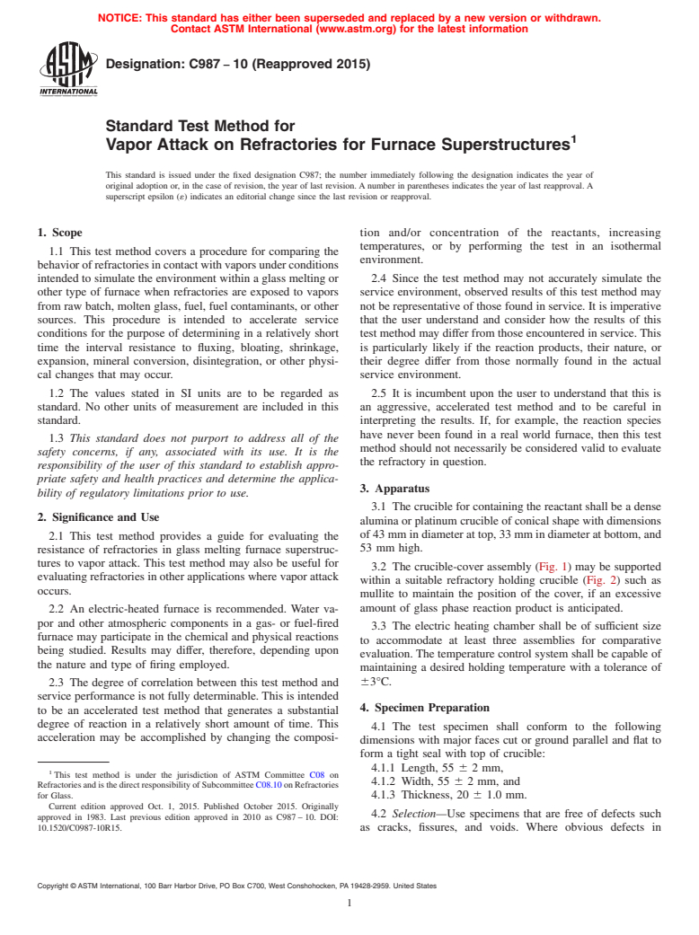 ASTM C987-10(2015) - Standard Test Method for  Vapor Attack on Refractories for Furnace Superstructures