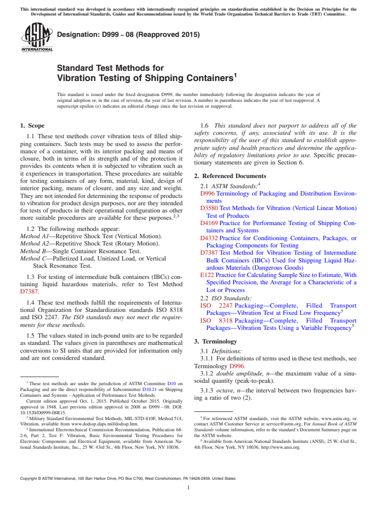 ASTM D999-08(2015) - Standard Test Methods for  Vibration Testing of Shipping Containers