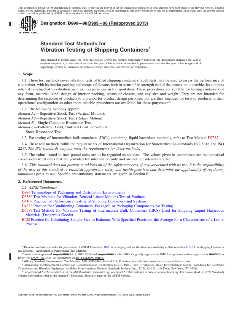 REDLINE ASTM D999-08(2015) - Standard Test Methods for  Vibration Testing of Shipping Containers