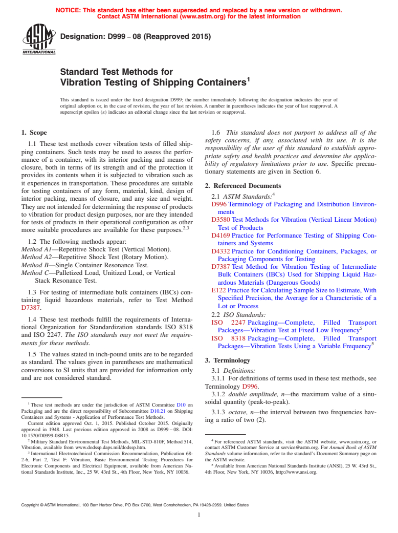 ASTM D999-08(2015) - Standard Test Methods for  Vibration Testing of Shipping Containers