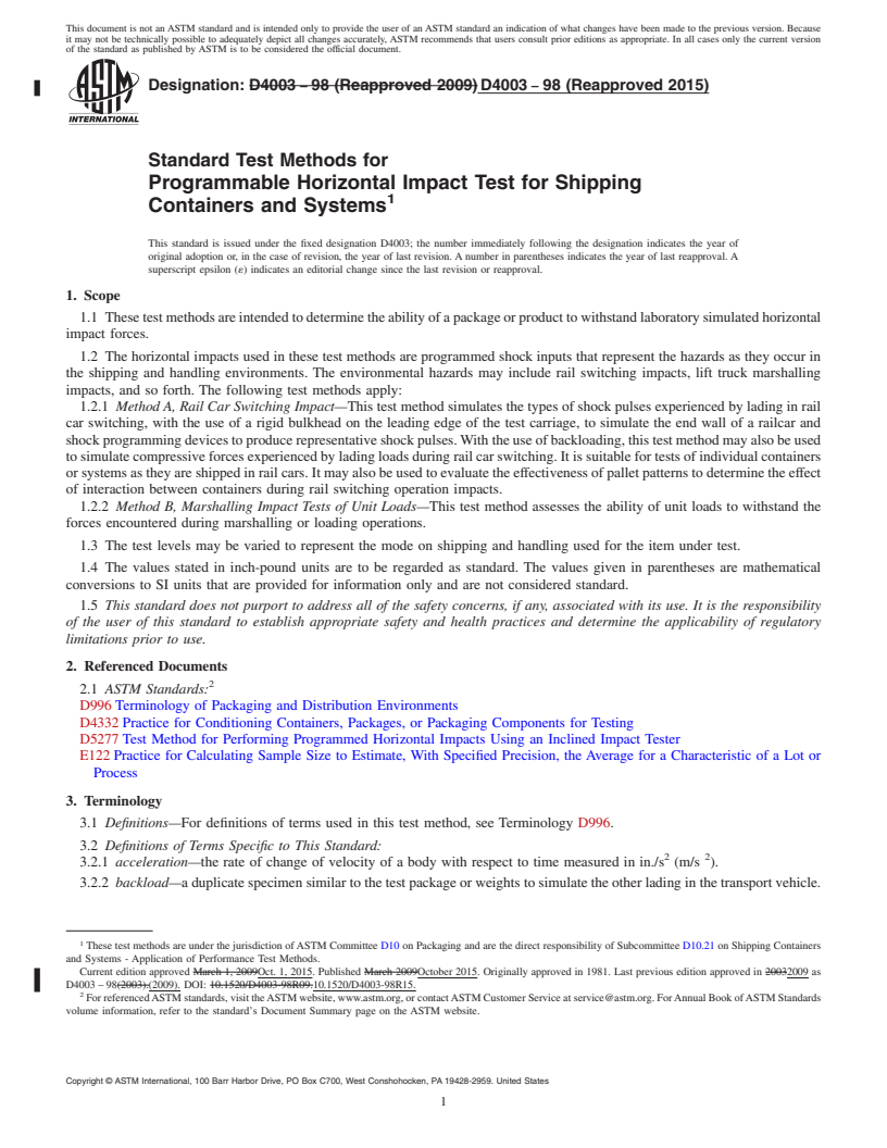 REDLINE ASTM D4003-98(2015) - Standard Test Methods for  Programmable Horizontal Impact Test for Shipping Containers   and Systems