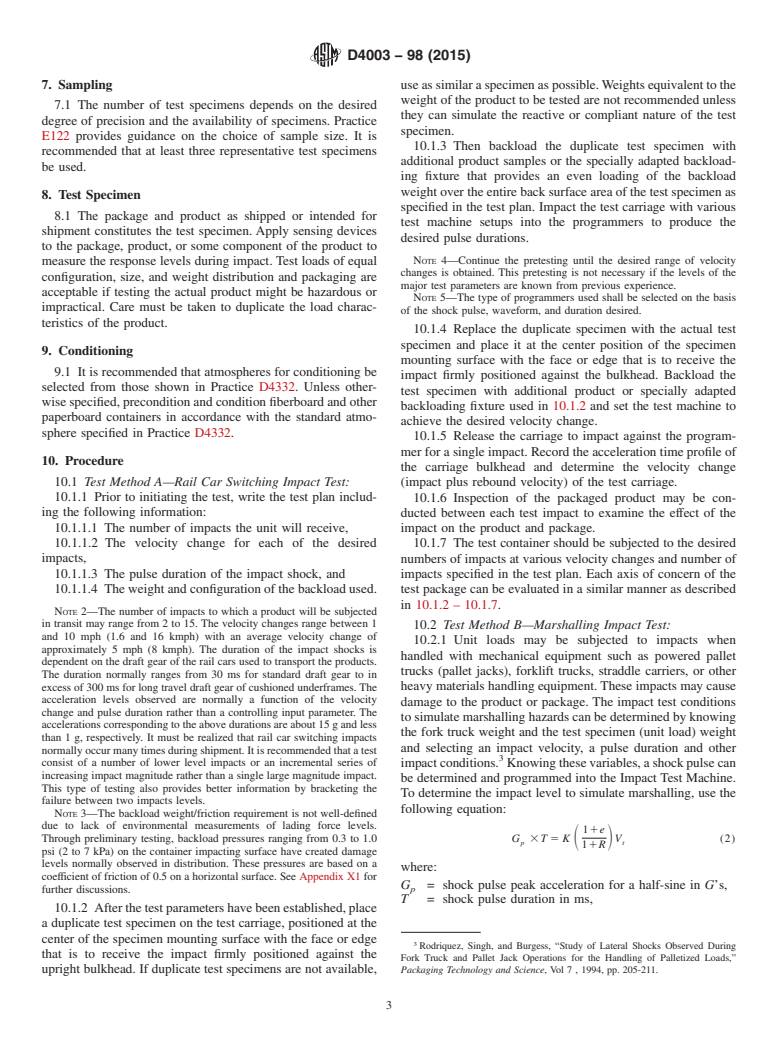 ASTM D4003-98(2015) - Standard Test Methods for  Programmable Horizontal Impact Test for Shipping Containers   and Systems