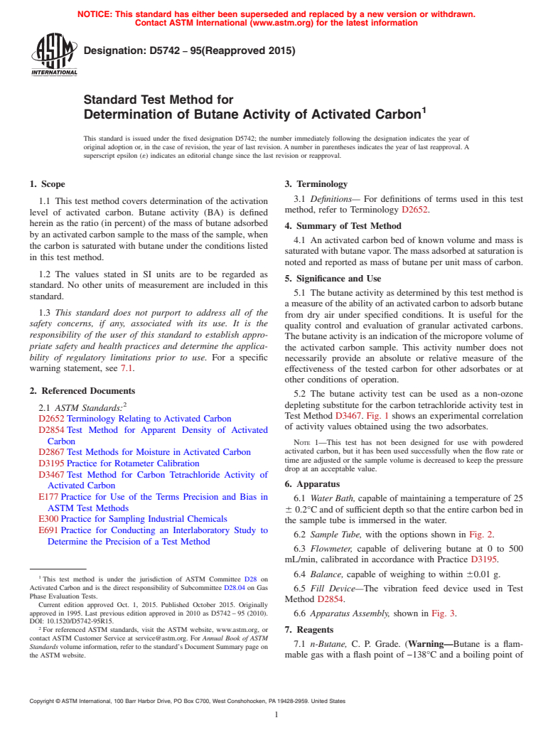 ASTM D5742-95(2015) - Standard Test Method for Determination of Butane Activity of Activated Carbon