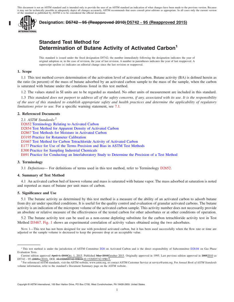REDLINE ASTM D5742-95(2015) - Standard Test Method for Determination of Butane Activity of Activated Carbon