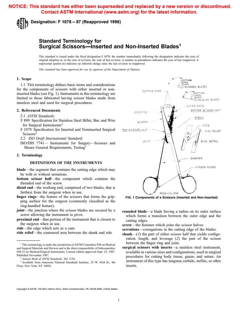 ASTM F1078-87(1998) - Standard Terminology for Surgical Scissors-Inserted and Non-Inserted Blades