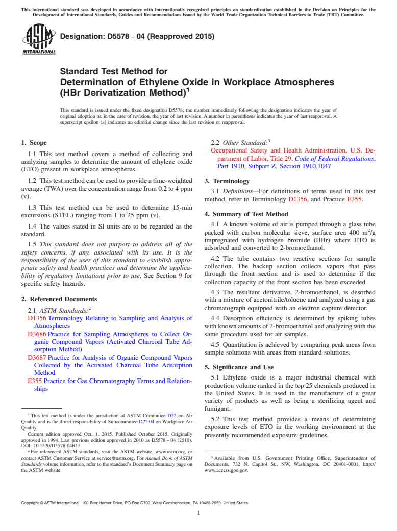 ASTM D5578-04(2015) - Standard Test Method for  Determination of Ethylene Oxide in Workplace Atmospheres (HBr  Derivatization Method)