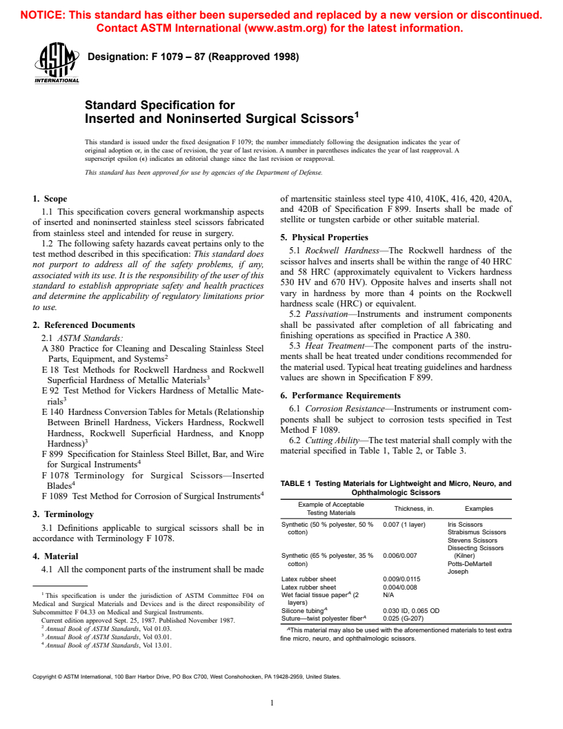 ASTM F1079-87(1998) - Standard Specification for Inserted and Noninserted Surgical Scissors