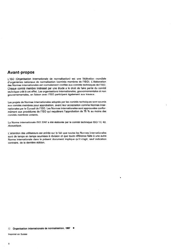 ISO 3747:1987 ISO 3747:1987 - Acoustique -- Détermination des niveaux de puissance acoustique émis par les sources de bruit -- Méthode de contrôle faisant appel a une source sonore de référence - Page 2 preview