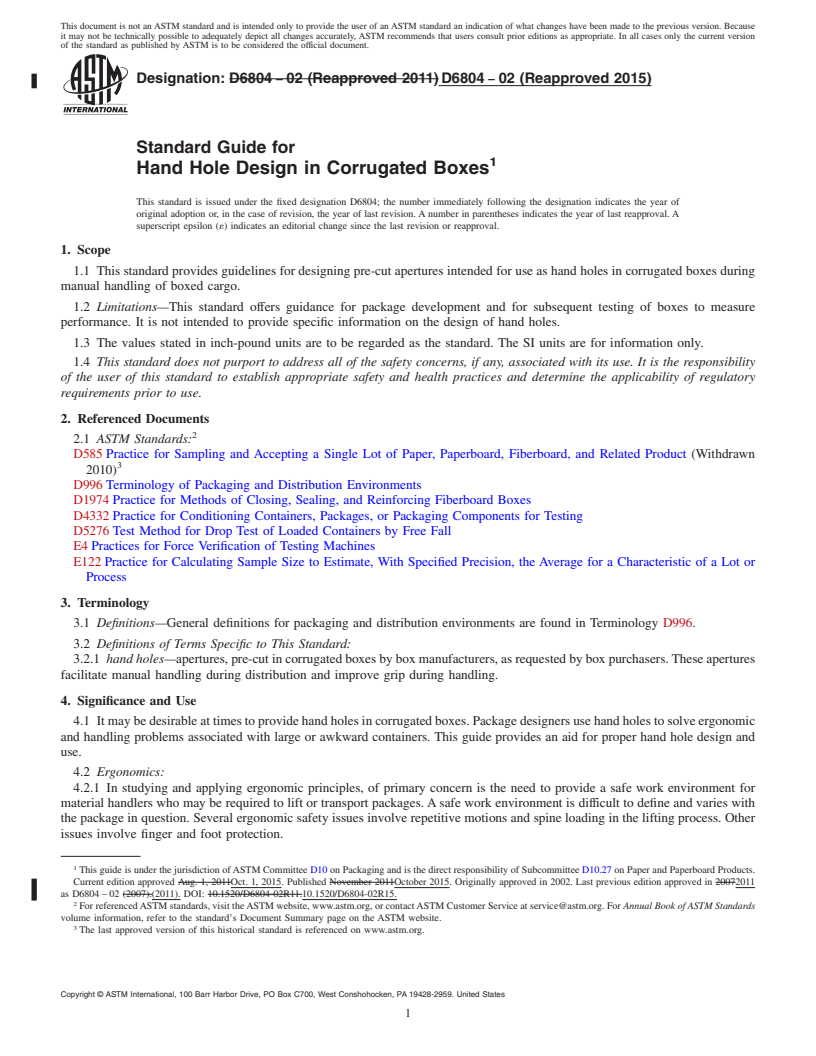 REDLINE ASTM D6804-02(2015) - Standard Guide for  Hand Hole Design in Corrugated Boxes