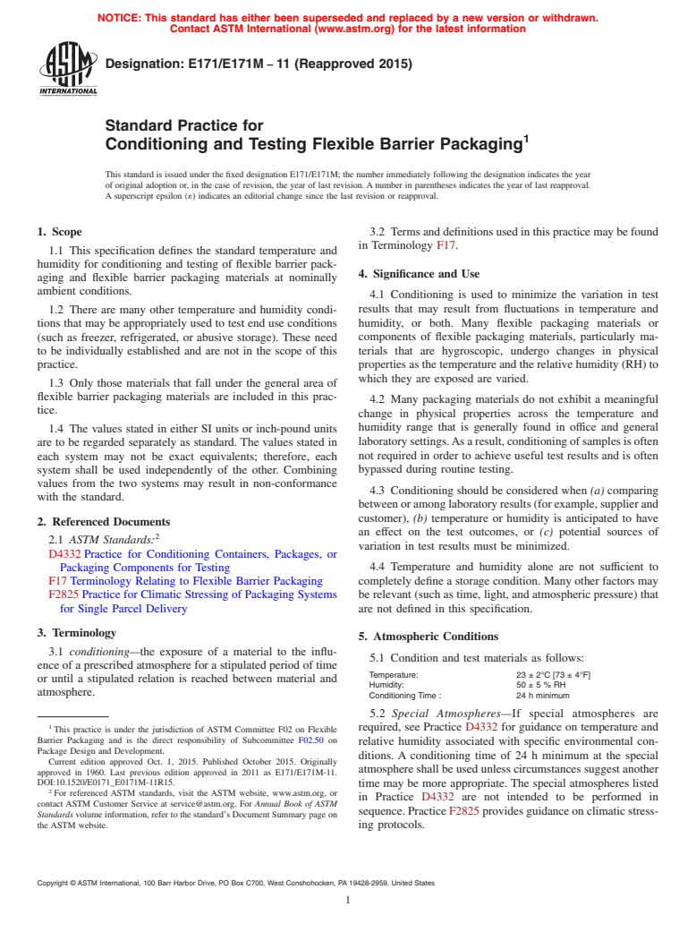 ASTM E171/E171M-11(2015) - Standard Practice for  Conditioning and Testing Flexible Barrier Packaging