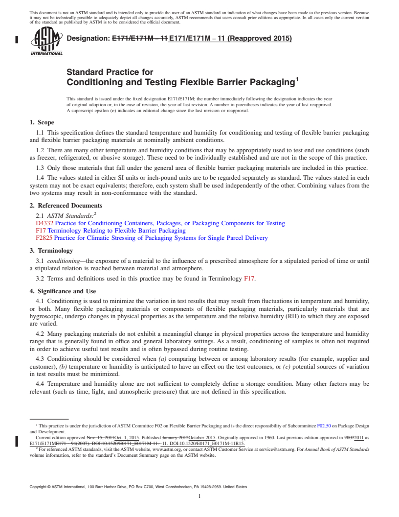 REDLINE ASTM E171/E171M-11(2015) - Standard Practice for  Conditioning and Testing Flexible Barrier Packaging