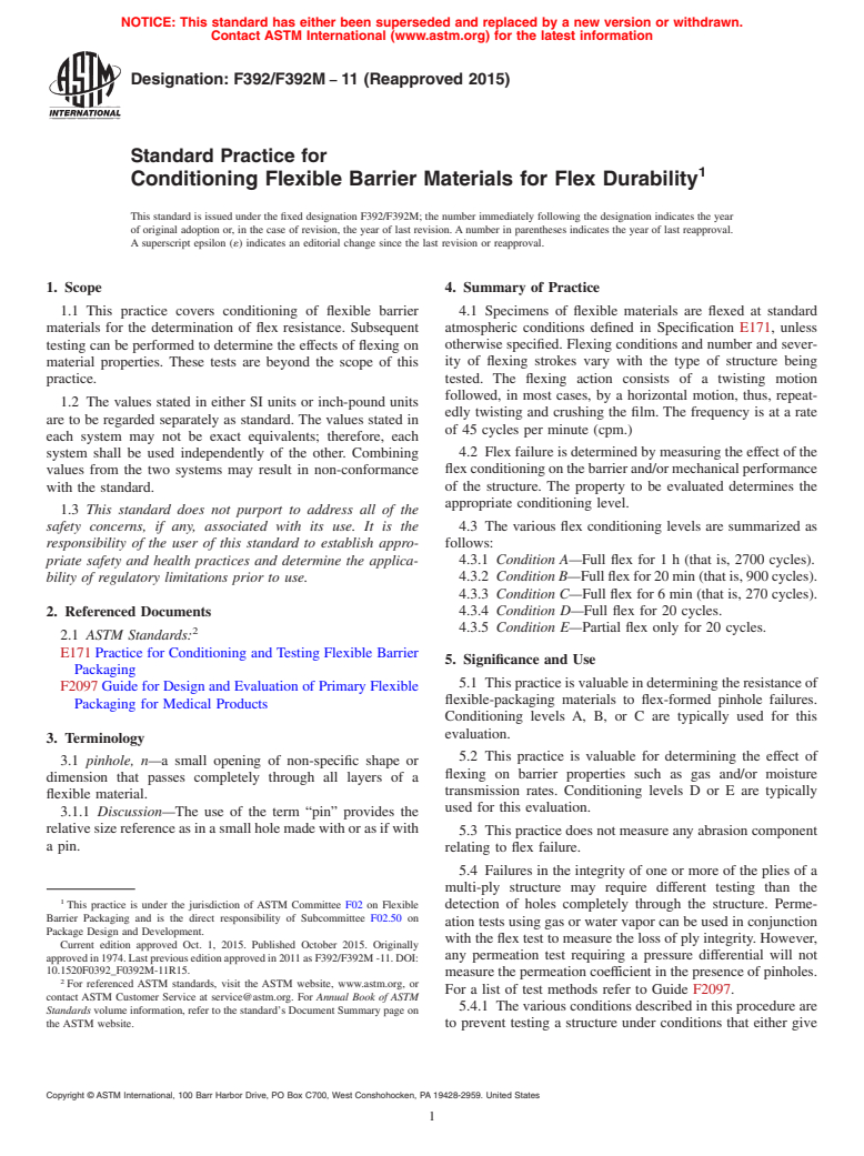 ASTM F392/F392M-11(2015) - Standard Practice for  Conditioning Flexible Barrier Materials for Flex  Durability