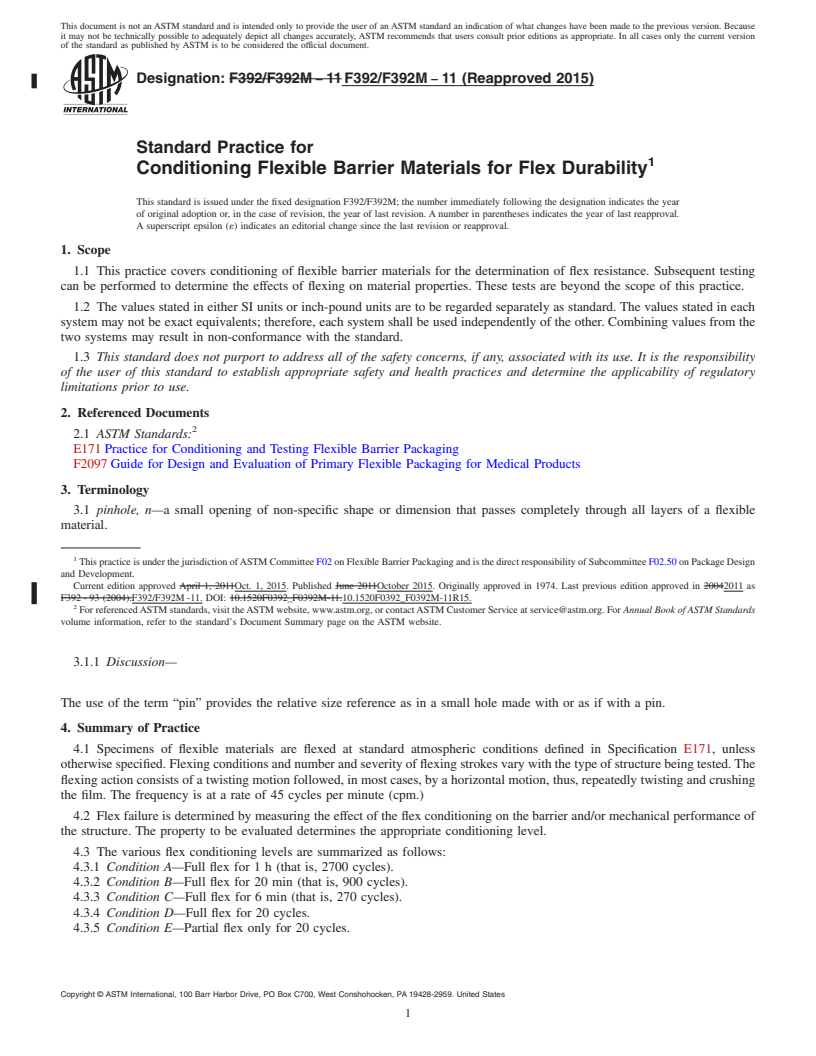 REDLINE ASTM F392/F392M-11(2015) - Standard Practice for  Conditioning Flexible Barrier Materials for Flex  Durability