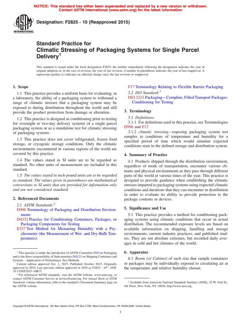 ASTM F2825-10(2015) - Standard Practice for  Climatic Stressing of Packaging Systems for Single Parcel Delivery