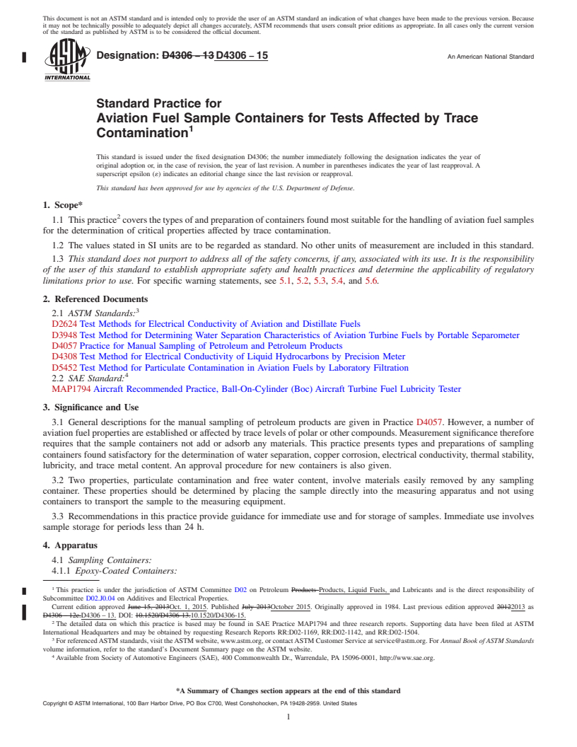 REDLINE ASTM D4306-15 - Standard Practice for Aviation Fuel Sample Containers for Tests Affected by Trace  Contamination