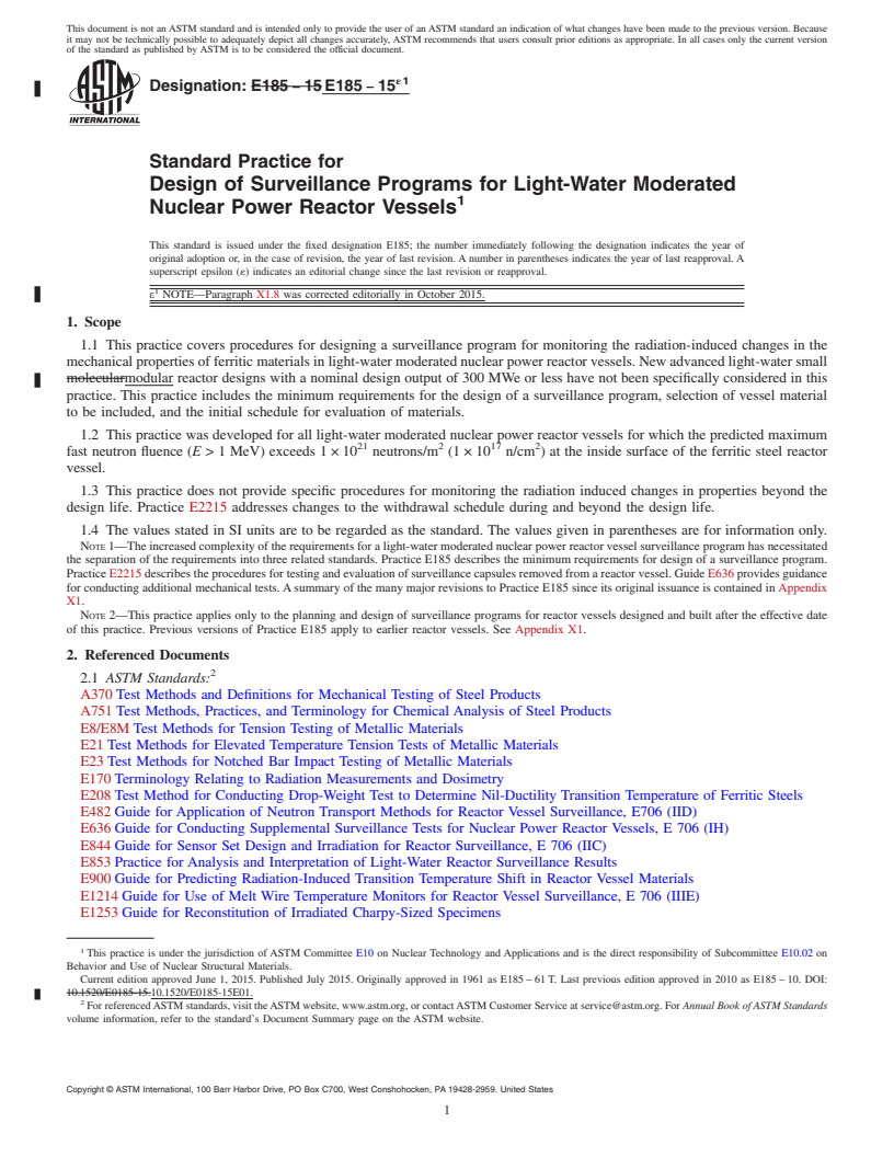 REDLINE ASTM E185-15e1 - Standard Practice for  Design of Surveillance Programs for Light-Water Moderated Nuclear  Power Reactor Vessels