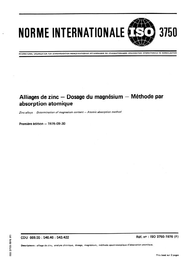 ISO 3750:1976 - Alliages de zinc -- Dosage du magnésium -- Méthode par absorption atomique