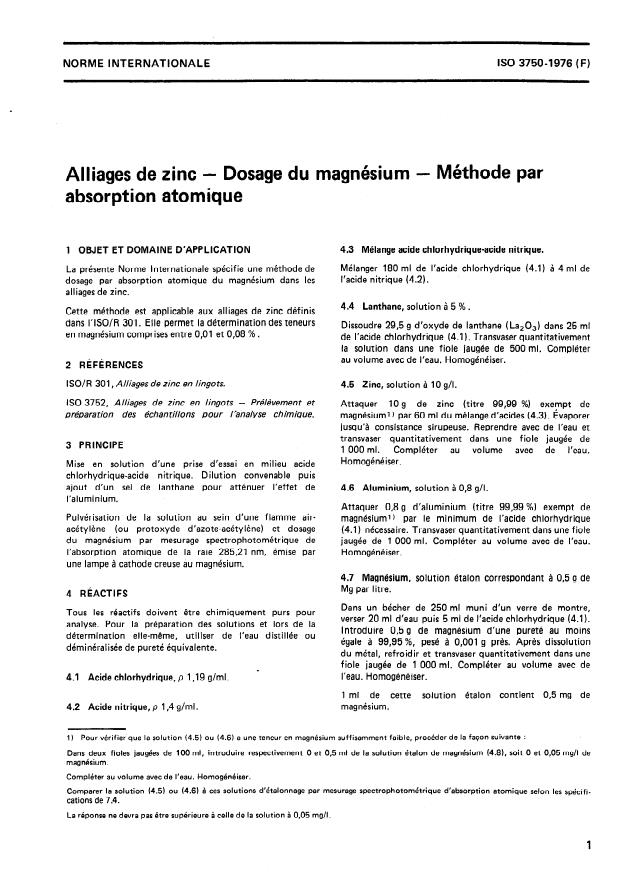 ISO 3750:1976 - Alliages de zinc -- Dosage du magnésium -- Méthode par absorption atomique
